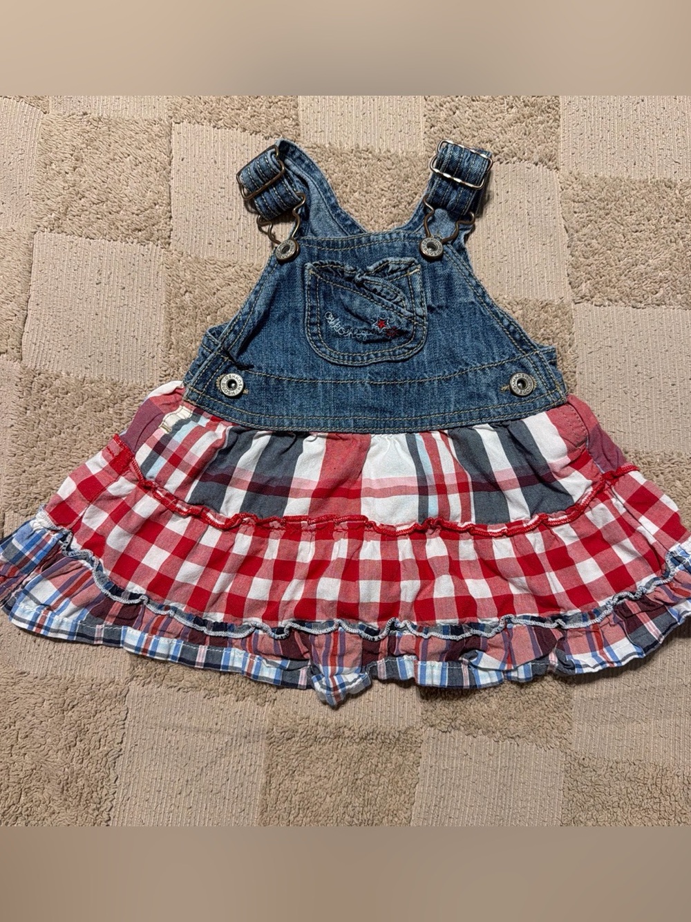 OshKosh B'gosh Denim Bib Plaid Ruffle Overall Dress - Blue, Red, White